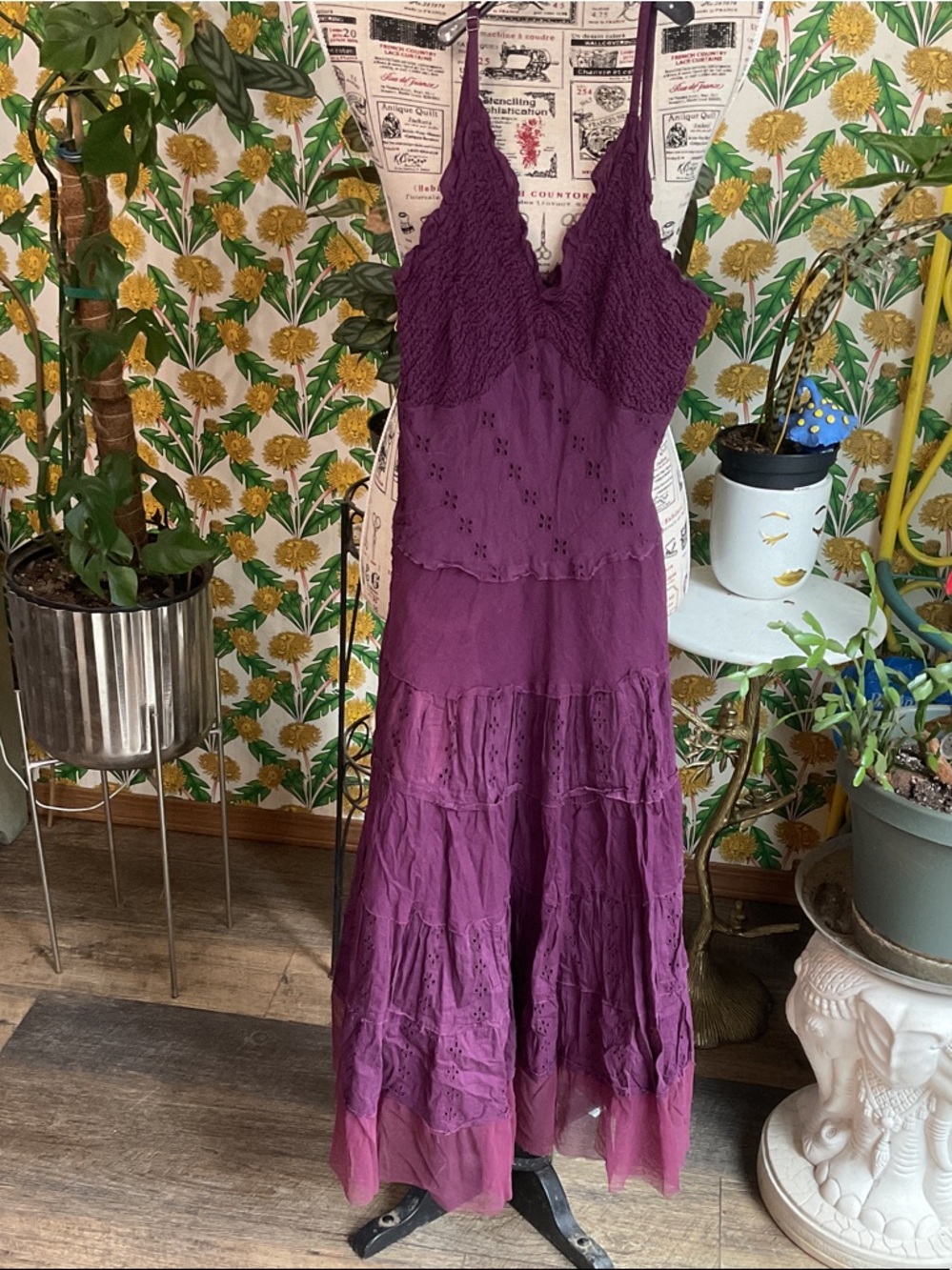 connected apparel Plum Tiered Lace Maxi Dress